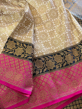 Off White with Pink and Black Traditional Banarasi Silk Handloom Saree with Antique Zari Weave - Kaash