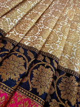 Off White with Pink and Black Traditional Banarasi Silk Handloom Saree with Antique Zari Weave - Kaash