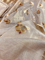 Off-White with Gold Tint Linen Tissue saree in linen soft tissue silk with banarasi borders & pallu on linen tissue — Kaash Collection