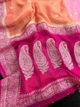 Ombre Baby Pink and Peach with Hot Pink Border pure banarasi chiffon silk saree with silver zari with hot pink border — Kaash Collection