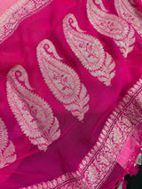 Ombre Baby Pink and Peach with Hot Pink Border pure banarasi chiffon silk saree with silver zari with hot pink border — Kaash Collection