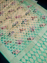 Ombre Sea Green pure khaddi georgette silk saree with ombre, muted gold zari & digital floral prints — Kaash Collection