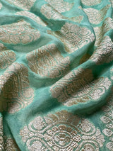 Ombre Sea Green pure khaddi georgette silk saree with ombre, muted gold zari & digital floral prints — Kaash Collection