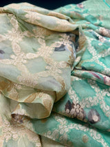 Ombre Sea Green pure khaddi georgette silk saree with ombre, muted gold zari & digital floral prints — Kaash Collection
