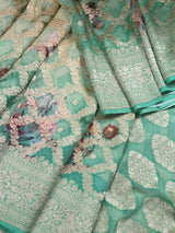 Ombre Sea Green pure khaddi georgette silk saree with ombre, muted gold zari & digital floral prints — Kaash Collection