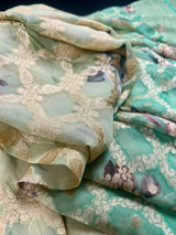 Ombre Sea Green Pure Khaddi Georgette Silk Saree with Muted Gold Zari and Digital Floral Prints | Handwoven Sarees | Silk Mark Certified - Kaash