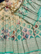 Ombre Sea Green Pure Khaddi Georgette Silk Saree with Muted Gold Zari and Digital Floral Prints | Handwoven Sarees | Silk Mark Certified - Kaash