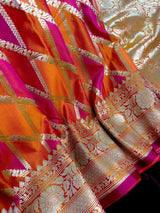 Orange and Pink Mashru Silk Saree, Muted Gold Zari Weave - Kaash
