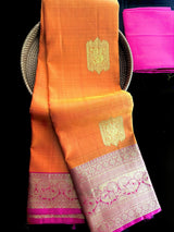 Orange and Pink pure kanjivaram kanchipuram silk saree with gold zari with peacock motifs — Kaash Collection