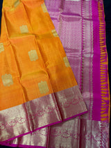 Orange and Pink pure kanjivaram kanchipuram silk saree with gold zari with peacock motifs — Kaash Collection