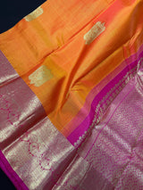 Orange and Pink pure kanjivaram kanchipuram silk saree with gold zari with peacock motifs — Kaash Collection