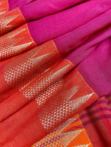 Orange and Pink Pure Khaadi Cotton with Temple Borders | Authentic Handloom Saree | Bengal Sarees | Kaash Collection - Kaash