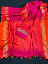 Orange and Pink Pure Khaadi Cotton with Temple Borders | Authentic Handloom Saree | Bengal Sarees | Kaash Collection - Kaash