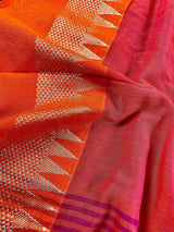 Orange and Pink Pure Khaadi Cotton with Temple Borders | Authentic Handloom Saree | Bengal Sarees | Kaash Collection - Kaash