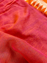 Orange and Pink Pure Khaadi Cotton with Temple Borders | Authentic Handloom Saree | Bengal Sarees | Kaash Collection - Kaash