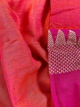 Orange and Pink Pure Khaadi Cotton with Temple Borders | Authentic Handloom Saree | Bengal Sarees | Kaash Collection - Kaash