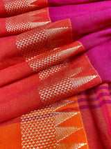 Orange and Pink Pure Khaadi Cotton with Temple Borders | Authentic Handloom Saree | Bengal Sarees | Kaash Collection - Kaash