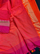 Orange and Pink Pure Khaadi Cotton with Temple Borders | Authentic Handloom Saree | Bengal Sarees | Kaash Collection - Kaash