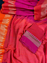 Orange and Pink Pure Khaadi Cotton with Temple Borders | Authentic Handloom Saree | Bengal Sarees | Kaash Collection - Kaash