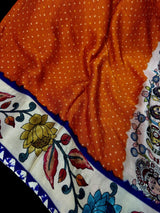 Orange & Purple Gajji Silk saree in pure gajji silk with bandhani tie-dye with floral prints & tissue pallu — Kaash Collection