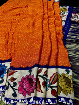 Orange & Purple Gajji Silk saree in pure gajji silk with bandhani tie-dye with floral prints & tissue pallu — Kaash Collection