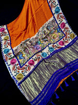 Orange & Purple Gajji Silk saree in pure gajji silk with bandhani tie-dye with floral prints & tissue pallu — Kaash Collection