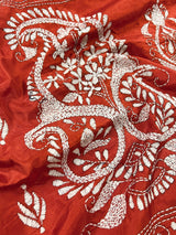 Orange with White Kantha hand Kantha stitch saree on Bangalori silk — Kaash Collection