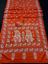 Orange with White Kantha hand Kantha stitch saree on Bangalori silk — Kaash Collection
