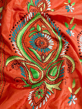 Orange Color Bangalori Silk Saree with Hand Kantha Stitch - Handwoven Kantha Stitch Sarees - Kantha Saress - Santari Color Sarees - Kaash
