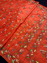 Orange Color Bangalori Silk Saree with Hand Kantha Stitch - Handwoven Kantha Stitch Sarees - Kantha Saress - Santari Color Sarees - Kaash