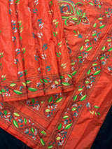 Orange Color Bangalori Silk Saree with Hand Kantha Stitch - Handwoven Kantha Stitch Sarees - Kantha Saress - Santari Color Sarees - Kaash