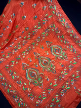 Orange Color Bangalori Silk Saree with Hand Kantha Stitch - Handwoven Kantha Stitch Sarees - Kantha Saress - Santari Color Sarees - Kaash