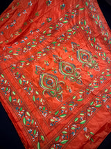 Orange Color Bangalori Silk Saree with Hand Kantha Stitch - Handwoven Kantha Stitch Sarees - Kantha Saress - Santari Color Sarees - Kaash
