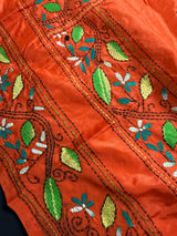 Orange Color Bangalori Silk Saree with Hand Kantha Stitch - Handwoven Kantha Stitch Sarees - Kantha Saress - Santari Color Sarees - Kaash