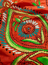 Orange Color Bangalori Silk Saree with Hand Kantha Stitch - Handwoven Kantha Stitch Sarees - Kantha Saress - Santari Color Sarees - Kaash