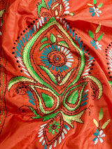 Orange Color Bangalori Silk Saree with Hand Kantha Stitch - Handwoven Kantha Stitch Sarees - Kantha Saress - Santari Color Sarees - Kaash