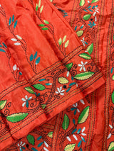 Orange Color Bangalori Silk Saree with Hand Kantha Stitch - Handwoven Kantha Stitch Sarees - Kantha Saress - Santari Color Sarees - Kaash