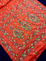 Orange Color Bangalori Silk Saree with Hand Kantha Stitch - Handwoven Kantha Stitch Sarees - Kantha Saress - Santari Color Sarees - Kaash