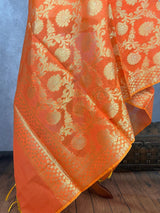 Orange Semi Silk Floral Jaal dupatta in soft silk (non-pure) with floral jaal with muted gold zari — Kaash Collection