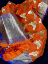 Orange Color Dupatta with Pair of Peacocks - Benarasi Silk Dupatta - Kaash