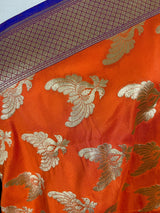 Orange Color Dupatta with Pair of Peacocks - Benarasi Silk Dupatta - Kaash
