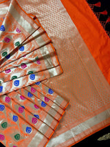 Orange Color Morpankh Saree Traditional Banarasi Silk Handloom Saree with Gold Zari Weave - Kaash