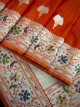 Orange Color Paithani Mashru Silk Saree with Meenakari Work with Sliver and Gold Zari Weave - Kaash