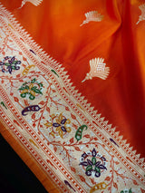 Orange Color Paithani Mashru Silk Saree with Meenakari Work with Sliver and Gold Zari Weave - Kaash