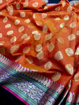 Orange Color Soft Cotton Silk Saree with Buttas and Zari Weaving buttas with Banarasi Borders - Kaash