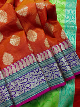 Orange Color Soft Cotton Silk Saree with Buttas and Zari Weaving buttas with Banarasi Borders - Kaash
