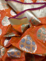 Orange Tanchoi Banarasi saree in banarasi silk with banarasi tanchoi handweaving — Kaash Collection