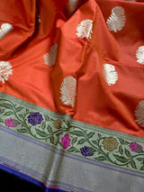 Orange with Blue Pallu Banarasi saree in banarasi silk (non-pure) with big floral buttas with paithani border — Kaash Collection