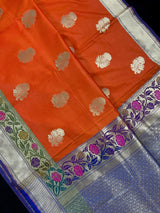 Orange Color Traditional Handloom Banarasi Saree with Floral Buttas | Paithani Style Border | Meenakari Flowers - Kaash