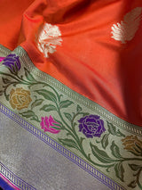 Orange Color Traditional Handloom Banarasi Saree with Floral Buttas | Paithani Style Border | Meenakari Flowers - Kaash